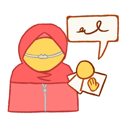 a bust of an emoji yellow person wearing a pink hijab, abaya, and nasal cannula holding communication cards, which show a hand on them. there is a speech bubble containing a scribble coming from the cards.